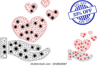 Mesh polygonal hand offer love hearts symbols illustration in outbreak style, and distress blue round 33 percents Off badge.