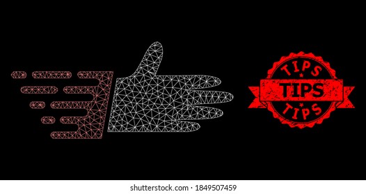 Mesh Polygonal Hand Palm auf schwarzem Hintergrund, und Tipps grunge Band Stempel. Der rote Stempel enthält den Titel der Tipps in der Schleife. Vektorkonstellation aus Handpalmensymbol mit Masche erstellt.