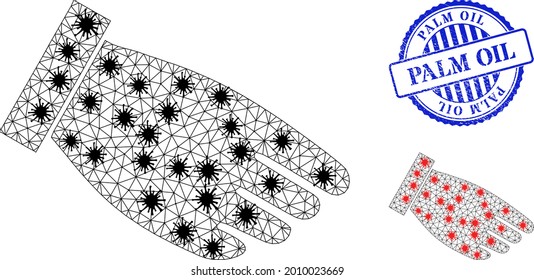 Mesh polygonal hand palm symbols illustration in outbreak style, and rubber blue round Palm Oil stamp. Abstraction is based on hand palm icon with black and red virus nodes.