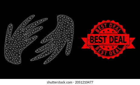 Mesh polygonal hands on a black background, and Best Deal scratched ribbon seal imitation. Red seal includes Best Deal caption inside ribbon.