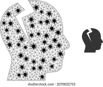 Mesh polygonal head migrain ache icon illustration in lockdown style. Carcass model is created from head migrain ache icon with black infection elements.