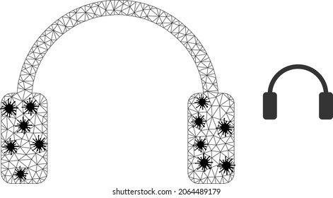 Mesh polygonal headphones symbol illustration with infection style. Model is created from headphones icon with black Covid nodes.