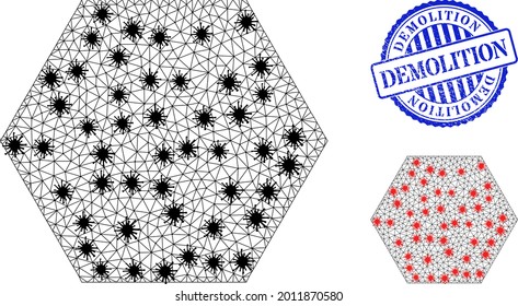 Mesh polygonal hexagon icons illustration designed using outbreak style, and grunge blue round Demolition stamp seal. Abstraction is based on hexagon icon with black and red virus centers.