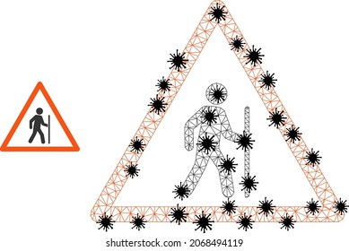 Mesh Polygonal Wanderwarnung Symbol Illustration mit Ausbruchsstil. Das Modell wird aus dem Wanderwarnsymbol mit schwarzen Viruselementen erstellt.