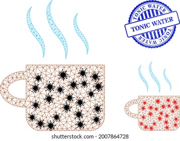 Mesh polygonal hot tea cup symbols illustration in outbreak style, and scratched blue round Tonic Water seal. Carcass model is created from hot tea cup icon with black and red coronavirus elements.