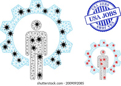 Mesh polygonal Human Resources Symbole Illustration mit Ausbruchsstil, und gekratzt blau rund um USA Jobs Siegel. Die Abstraktion wird aus dem Personalsymbol mit schwarzen und roten Koronavirus-Knoten erstellt.