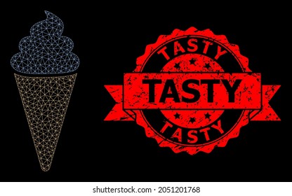 Mesh polygonal ice cream on a black background, and Tasty scratched ribbon stamp seal. Red stamp seal contains Tasty caption inside ribbon.