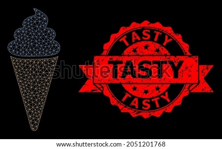 Mesh polygonal ice cream on a black background, and Tasty scratched ribbon stamp seal. Red stamp seal contains Tasty caption inside ribbon.