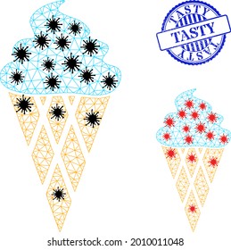 Mesh polygonal icecream icons illustration in infection style, and rubber blue round Tasty stamp seal. Abstraction is created from icecream icon with black and red virus nodes.