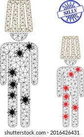 Mesh polygonal idiot man icons illustration with outbreak style, and rubber blue round Silly badge. Abstraction is based on idiot man icon with black and red Covid items.