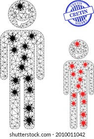 Mesh polygonal idiot person symbols illustration designed using outbreak style, and distress blue round Cretin seal. Carcass model is based on idiot person icon with black and red infectious nodes.