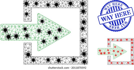 Mesh polygonal import arrow symbols illustration with lockdown style, and scratched blue round Way Here badge. Carcass model is created from import arrow icon with black and red coronavirus centers.