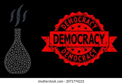 Mesh polygonal incense vial on a black background, and Democracy corroded ribbon watermark. Red seal contains Democracy tag inside ribbon. Vector model created from incense vial icon with mesh.