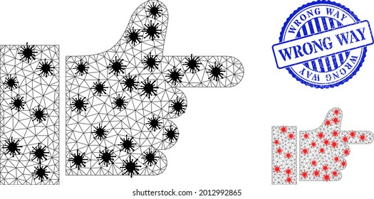 Mesh polygonal index finger icons illustration in outbreak style, and grunge blue round Wrong Way seal. Abstraction is based on index finger icon with black and red infectious nodes.