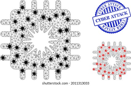 Mesh polygonal infected chip icons illustration in outbreak style, and scratched blue round Cyber Attack stamp seal.