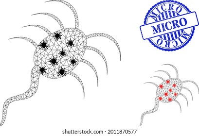 Mesh polygonal infection microbe icons illustration in outbreak style, and rubber blue round Micro stamp. Model is created from infection microbe icon with black and red Covid nodes.