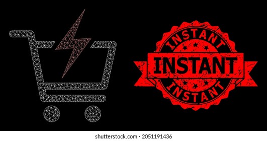 Mesh polygonal instant shopping on a black background, and Instant textured ribbon seal. Red seal has Instant text inside ribbon. Vector model created from instant shopping icon with mesh.