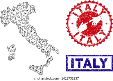 Mesh polygonal Italy map and grunge seal stamps. Abstract lines and points form Italy map vector model. Round red stamp with connecting hands.