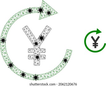 Mesh polygonal japanese yen repay icon illustration with lockdown style. Carcass model is based on japanese yen repay icon with black infectious centers.