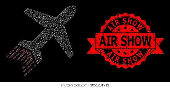 Mesh Polygonal Jet Liner On A Black Background, And Air Show Textured Ribbon Stamp. Red Stamp Has Air Show Caption Inside Ribbon. Vector Model Created From Jet Liner Icon With Mesh.