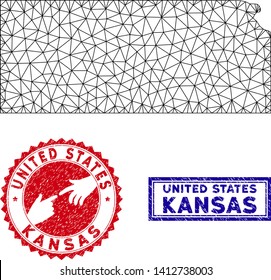 Mesh polygonal Kansas State map and grunge seal stamps. Abstract lines and points form Kansas State map vector model. Round red stamp with connecting hands.