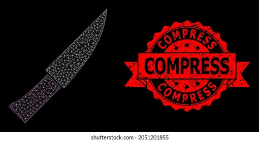 Mesh polygonal knife on a black background, and Compress unclean ribbon stamp seal. Red stamp contains Compress tag inside ribbon. Vector model created from knife icon with mesh.