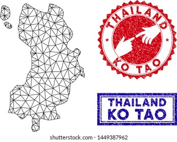 Mesh polygonal Ko Tao map and grunge seal stamps. Abstract lines and dots form Ko Tao map vector model. Round red stamp with connecting hands.