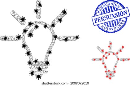 Mesh polygonal light bulb icons illustration in infection style, and grunge blue round Persuasion stamp. Carcass model is based on light bulb icon with black and red Covid nodes.