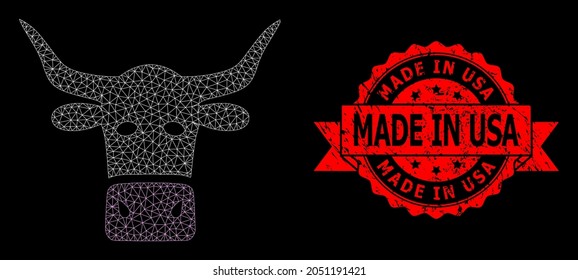 Mesh polygonal livestock head on a black background, and Made in USA textured ribbon seal print. Red seal contains Made in USA title inside ribbon.