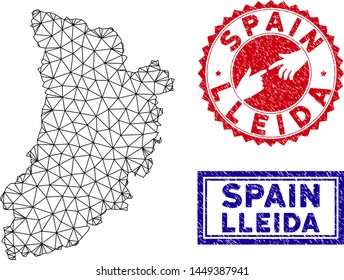 Mesh polygonal Lleida Province map and grunge seal stamps. Abstract lines and small circles form Lleida Province map vector model. Round red stamp with connecting hands.