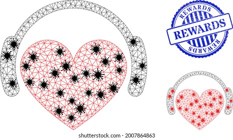 Mesh polygonal love heart headphones icons illustration with lockdown style, and textured blue round Rewards stamp.