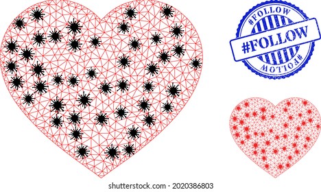 Mesh polygonal love heart icons illustration with lockdown style, and grunge blue round hashtag Follow seal. Abstraction is created from love heart icon with black and red infection centers.