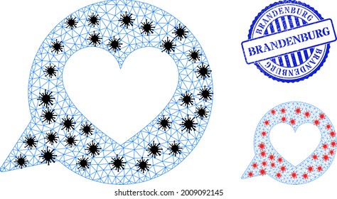 Mesh polygonal love heart message symbols illustration with lockdown style, and distress blue round Brandenburg seal.