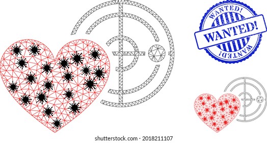 Mesh polygonal love heart radar icons illustration in infection style, and scratched blue round Wanted Exclamation seal.