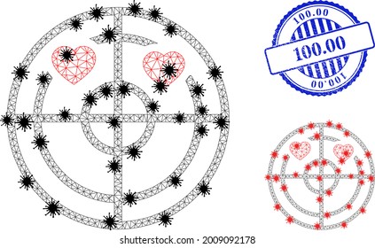 Mesh polygonal love hearts radar symbols illustration in infection style, and scratched blue round 100.00 badge.