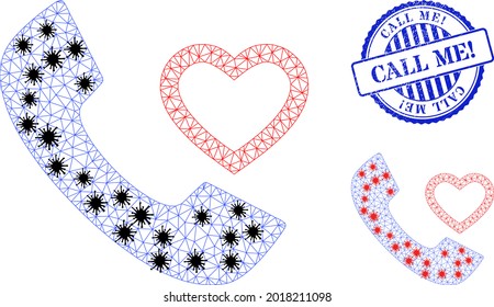 Mesh polygonal love phone receiver symbols illustration with infection style, and scratched blue round Call Me Exclamation stamp seal.