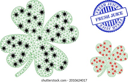 Mesh polygonal lucky clover leaf icons illustration in infection style, and textured blue round Fresh Juice stamp seal. Model is created from lucky clover leaf icon with black and red infection nodes.