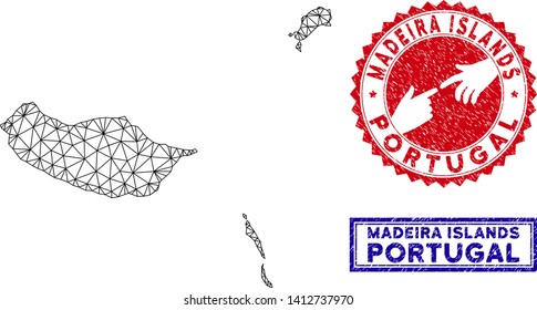 Mesh polygonal Madeira Islands map and grunge seal stamps. Abstract lines and small circles form Madeira Islands map vector model. Round red stamp with connecting hands.