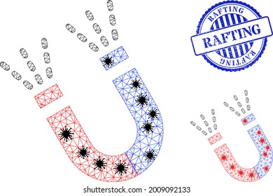 Mesh polygonal magnet force symbols illustration in outbreak style, and textured blue round Rafting stamp seal. Model is created from magnet force icon with black and red Covid nodes.