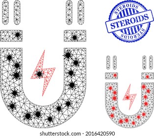 Mesh Polygonal Magnetic Power Symbols Illustration In Lockdown Style, And Grunge Blue Round Steroids Stamp. Carcass Model Is Based On Magnetic Power Icon With Black And Red Covid Elements.