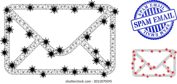 Mesh polygonal mail envelope symbols illustration in infection style, and grunge blue round Spam Email stamp. Model is created from mail envelope icon with black and red Covid items.