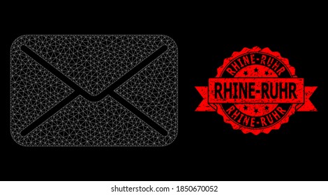 Mesh polygonal mail on a black background, and Rhine-Ruhr textured ribbon stamp seal. Red seal contains Rhine-Ruhr text inside ribbon. Vector constellation created from mail icon with mesh.