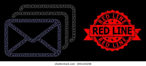 Mesh polygonal mail queue on a black background, and Red Line corroded ribbon seal. Red stamp seal contains Red Line text inside ribbon. Vector constellation created from mail queue icon with mesh.