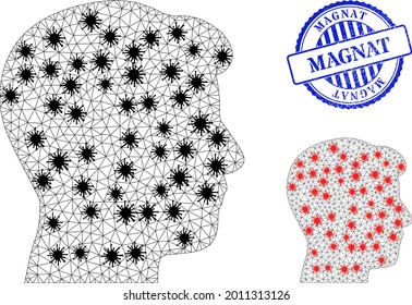 Mesh polygonal man Kopf-Profil Symbole Illustration im Ausbruch-Stil und grunge blau rund Magnat Stempel-Siegel. Das Carcass-Modell basiert auf dem männlichen Profil Symbol mit schwarz-roten Covid-Zentren.