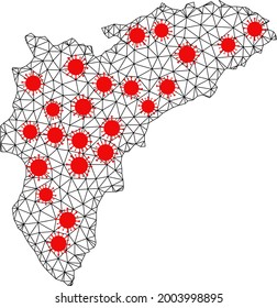 Mesh polygonal map of Alicante Province under outbreak. Vector model is created from map of Alicante Province with red covid centers. Lines and viruses are combined into map of Alicante Province.