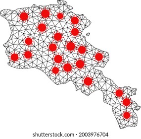 Mapa poligonal de malla de Armenia bajo infección. La estructura vectorial se crea a partir del mapa de Armenia con los elementos del virus rojo. Líneas y virus se combinan en el mapa de Armenia.