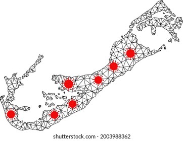 Mapa poligonal en malla de las Islas Bermudas bajo bloqueo. La estructura vectorial se crea a partir del mapa de las Islas Bermudas con elementos infecciosos rojos. Las líneas y los virus se combinan en el mapa de las Islas Bermudas.