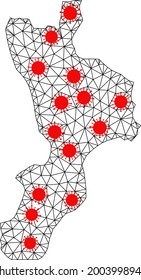 Mesh polygonal map of Calabria region under lockdown. Vector structure is created from map of Calabria region with red infectious centers. Lines and viruses are combined into map of Calabria region.