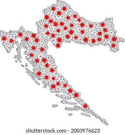 Mesh polygonal map of Croatia under infection. Vector model is created from map of Croatia with red infection items. Lines and viruses form map of Croatia.