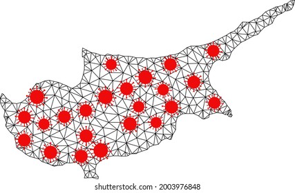 Mapa poligonal de malla de la isla de Chipre bajo bloqueo. La estructura vectorial se crea a partir del mapa de la isla de Chipre con centros de coronavirus rojo. Líneas y virus forman el mapa de la isla de Chipre.